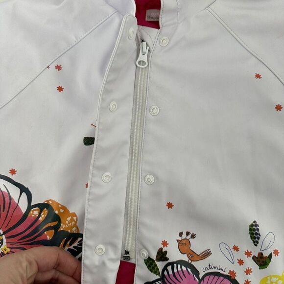 Catimini Rain Coat Baby Girl Size 12 Months Cheerful White Floral Spring Hooded - Picture 7 of 10